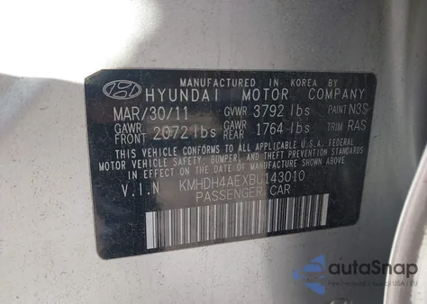 2011 Hyundai Elantra Gls (Ulsan Plant) из США, поврежденный, VIN KMHDH4AEXBU143010